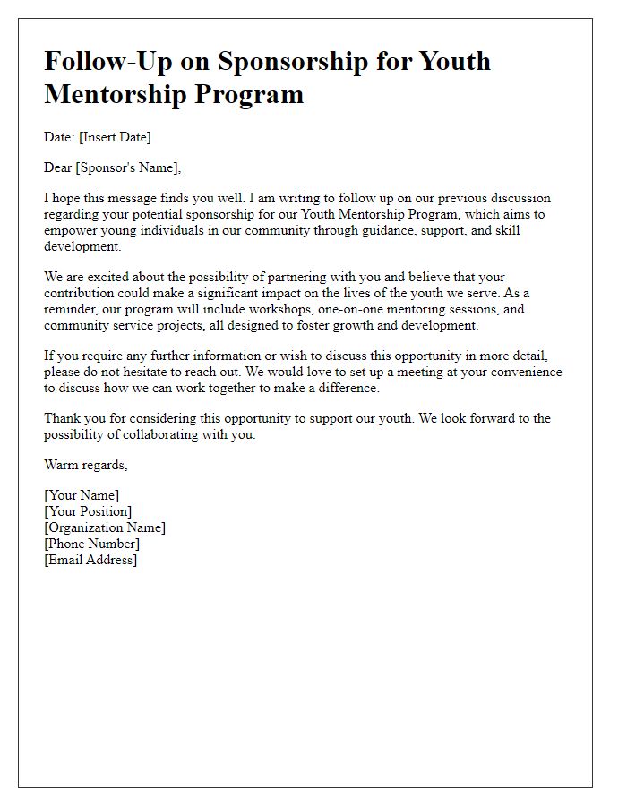 Letter template of sponsorship follow-up for youth mentorship program.