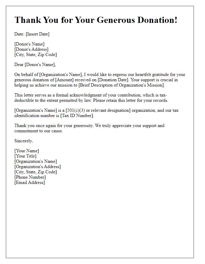 Letter template of Tax-Deductible Donation Acknowledgment