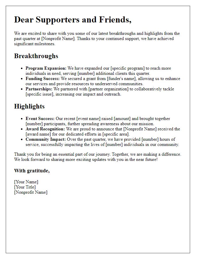 Letter template of nonprofit breakthroughs and highlights