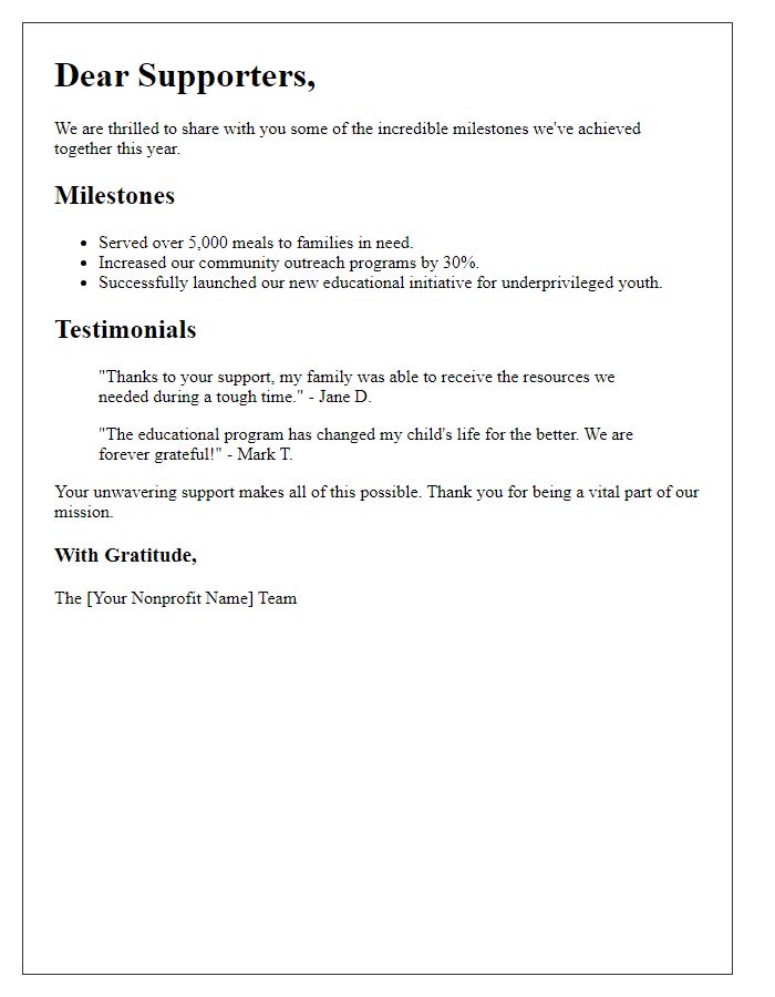 Letter template of nonprofit milestones and testimonials