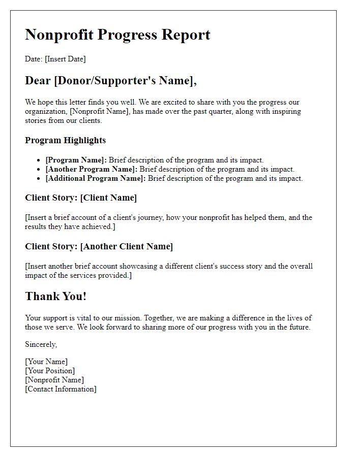 Letter template of nonprofit progress and client stories