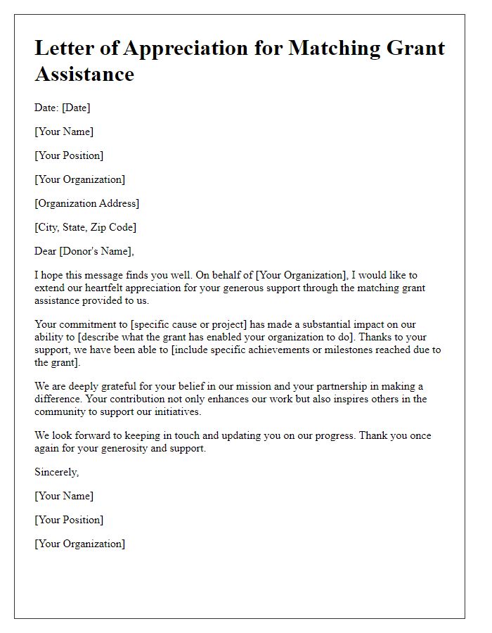 Letter template of appreciation for matching grant assistance