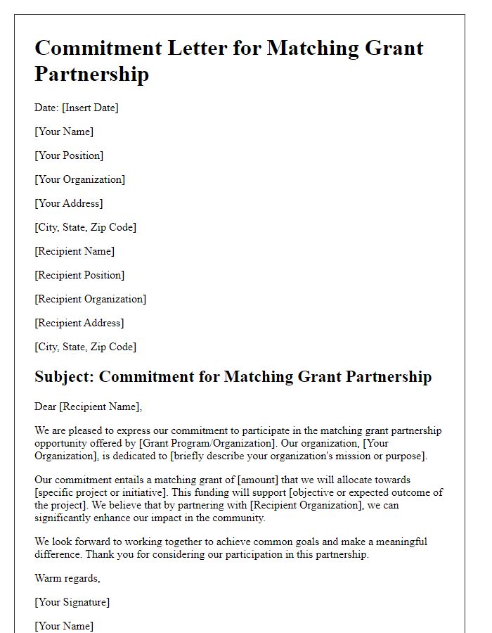 Letter template of commitment for matching grant partnership