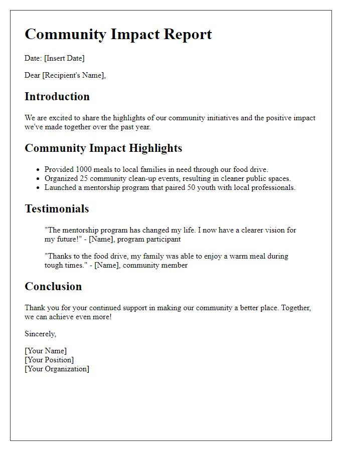 Letter template of community impact highlights and testimonials