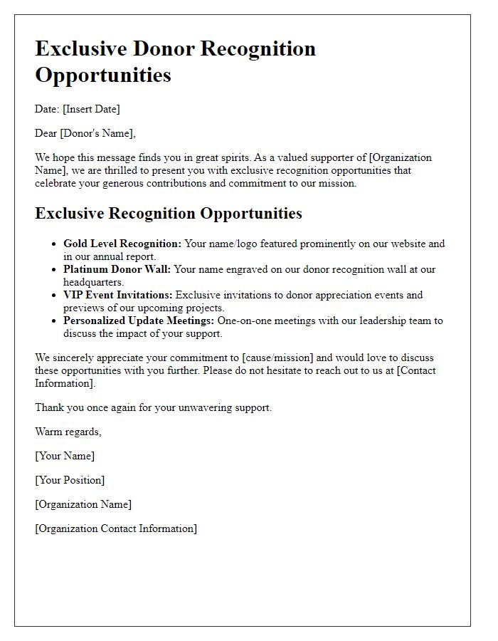 Letter template of exclusive donor recognition opportunities