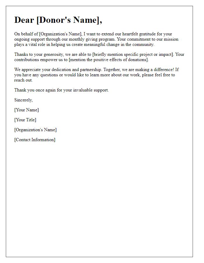 Letter template of appreciation for monthly giving program participants