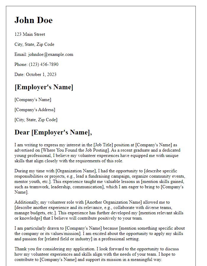 Letter template of a young professional detailing volunteer experiences in a job application.