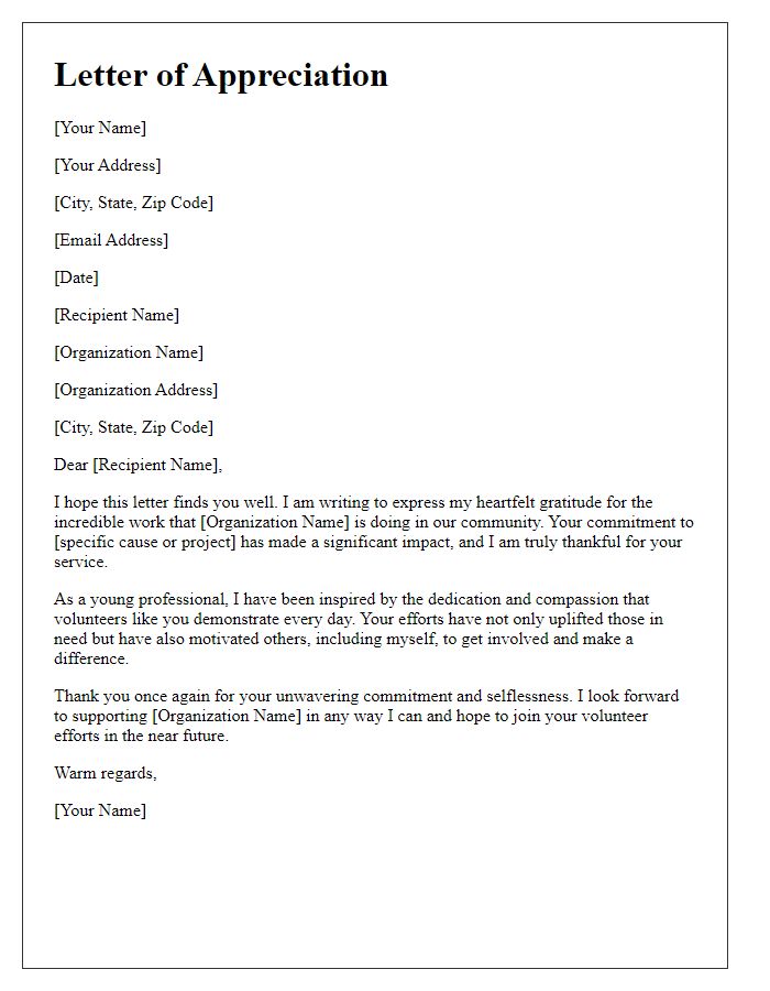 Letter template of a young professional expressing gratitude to a volunteer organization.