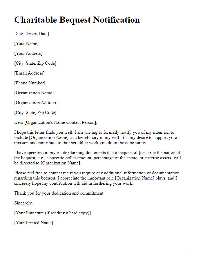 Letter template of charitable bequest notification for organizations.