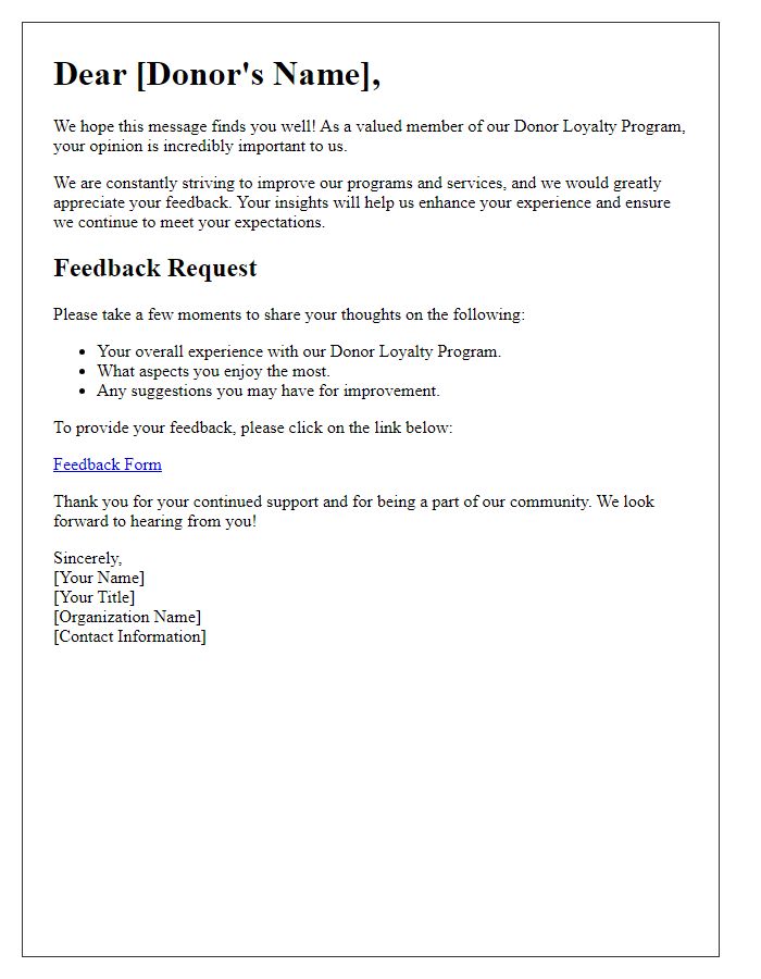 Letter template of feedback request for donor loyalty program members