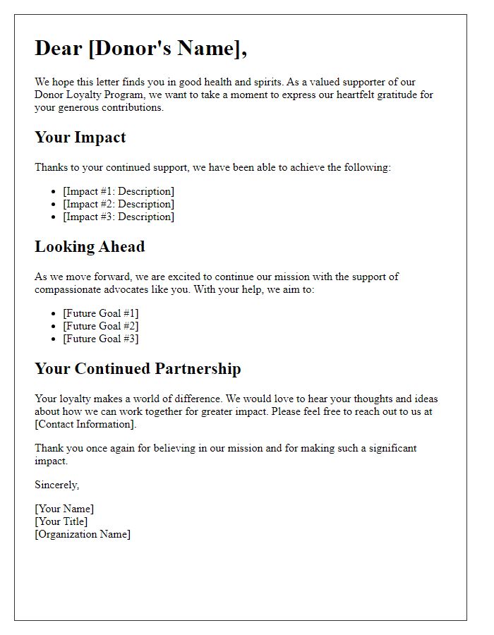 Letter template of impact report for donor loyalty program supporters