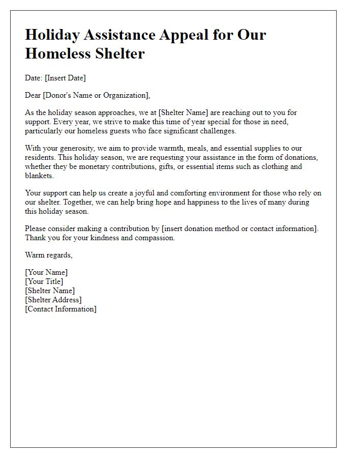 Letter template of holiday assistance appeal for homeless shelters.