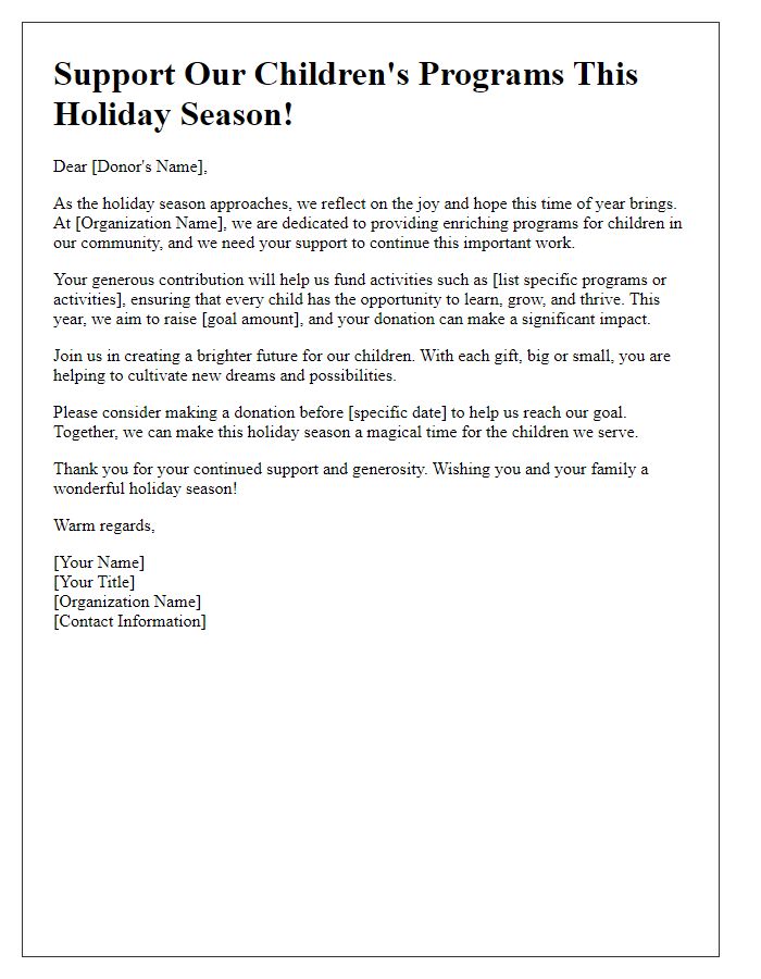 Letter template of holiday fundraising letter for children's programs.