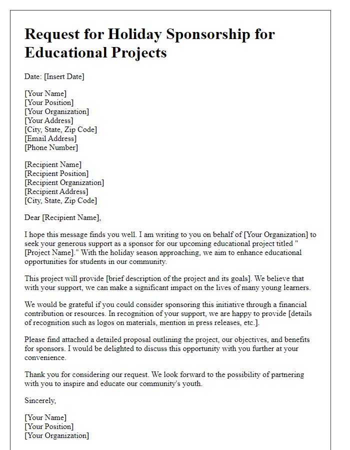 Letter template of holiday sponsorship request for educational projects.