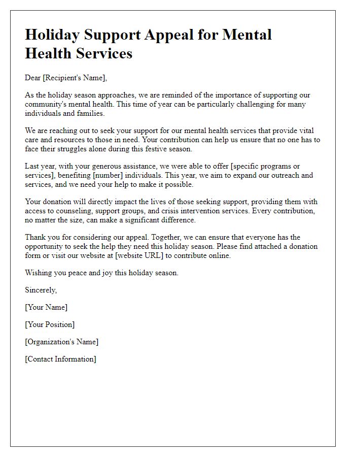 Letter template of holiday support appeal for mental health services.