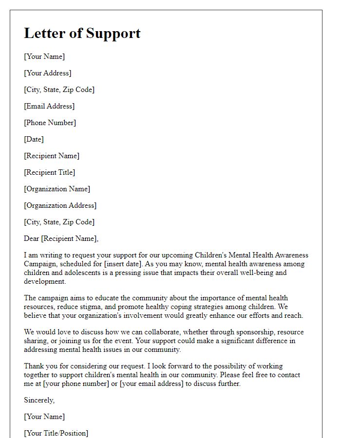 Letter template of application for support of a children's mental health awareness campaign.