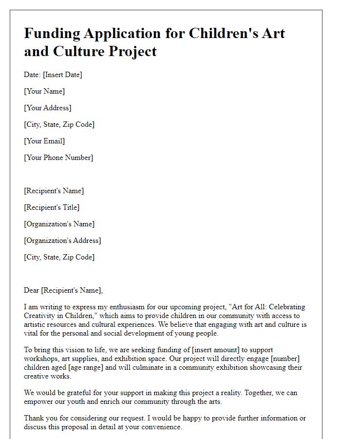 Letter template of funding application for a children's art and culture project.