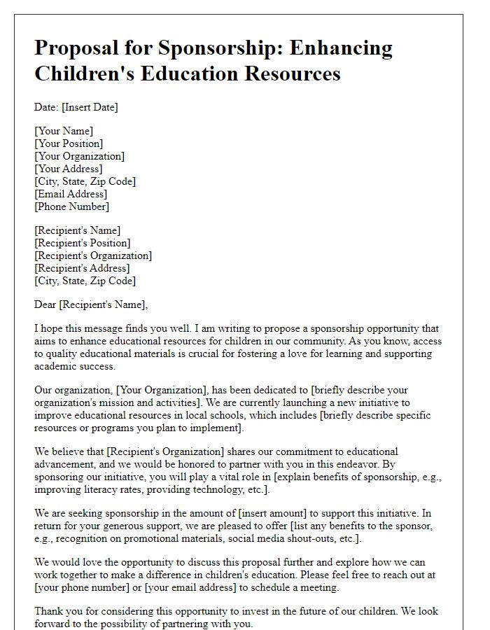 Letter template of proposal for sponsorship to enhance children's education resources.