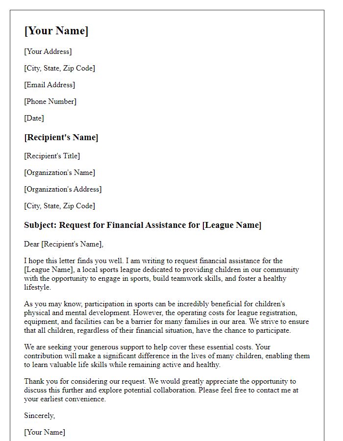 Letter template of request for financial assistance for a children's sports league.