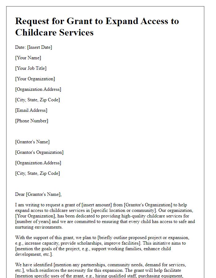 Letter template of request for grants to expand access to childcare services.