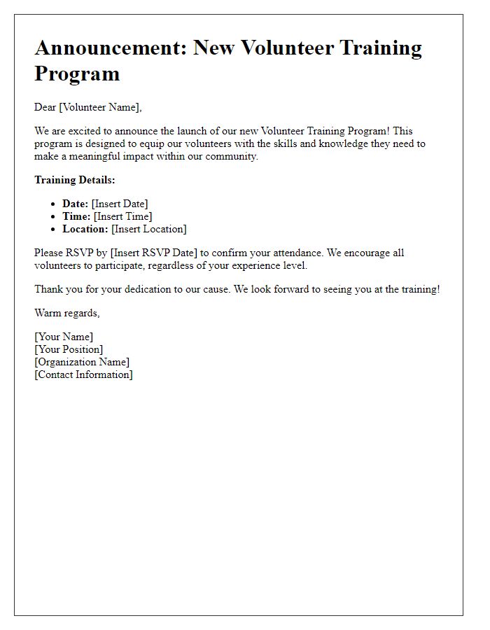 Letter template of new volunteer training program announcement