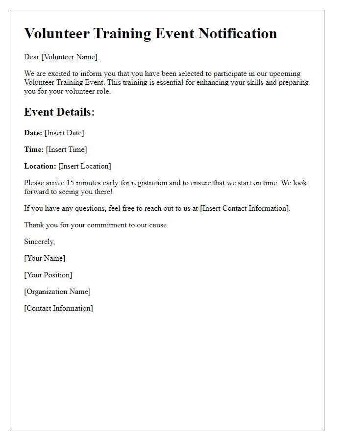 Letter template of scheduled volunteer training event notification