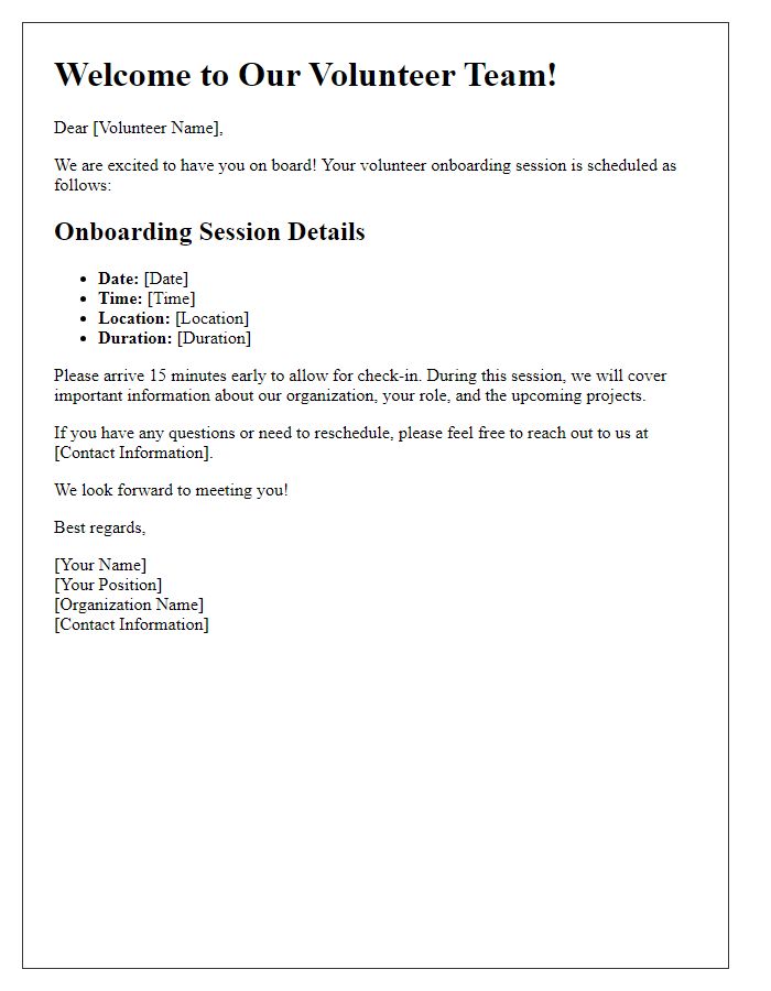 Letter template of volunteer onboarding session details