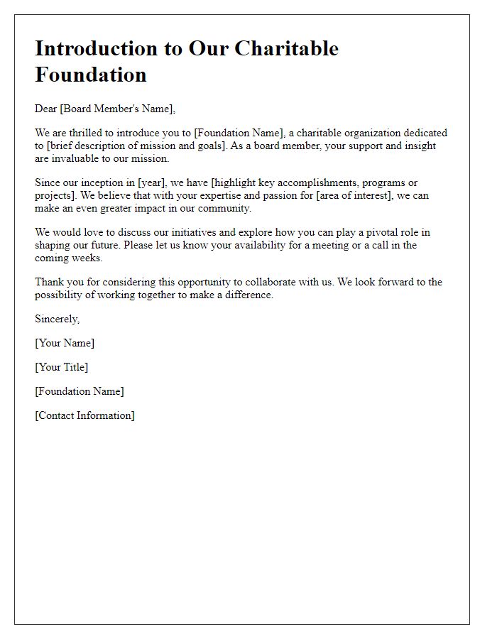 Letter template of charitable foundation introduction for board member outreach.