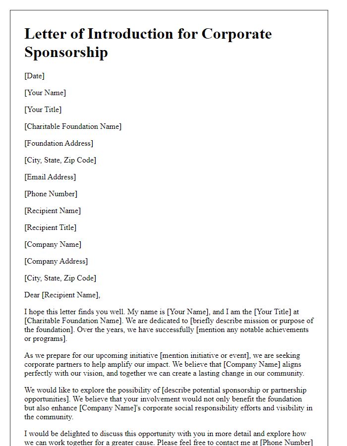 Letter template of charitable foundation introduction for corporate sponsorships.