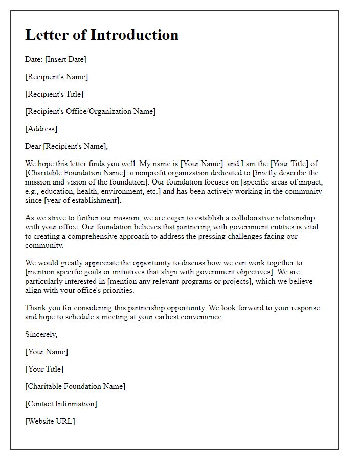 Letter template of charitable foundation introduction for government relations.