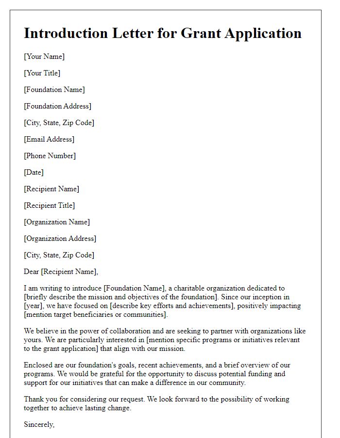 Letter template of charitable foundation introduction for grant applications.