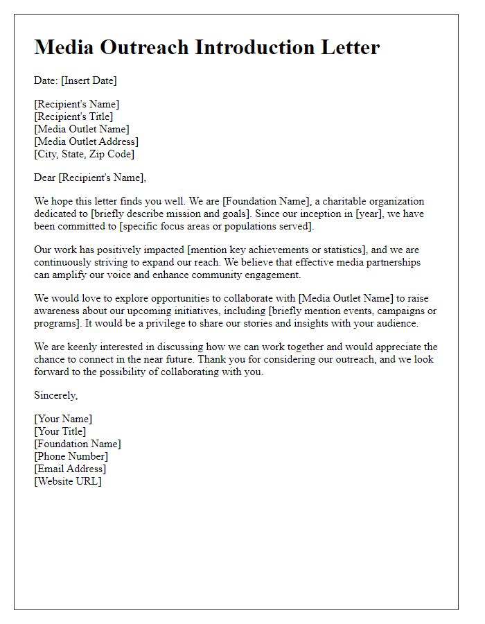 Letter template of charitable foundation introduction for media outreach.