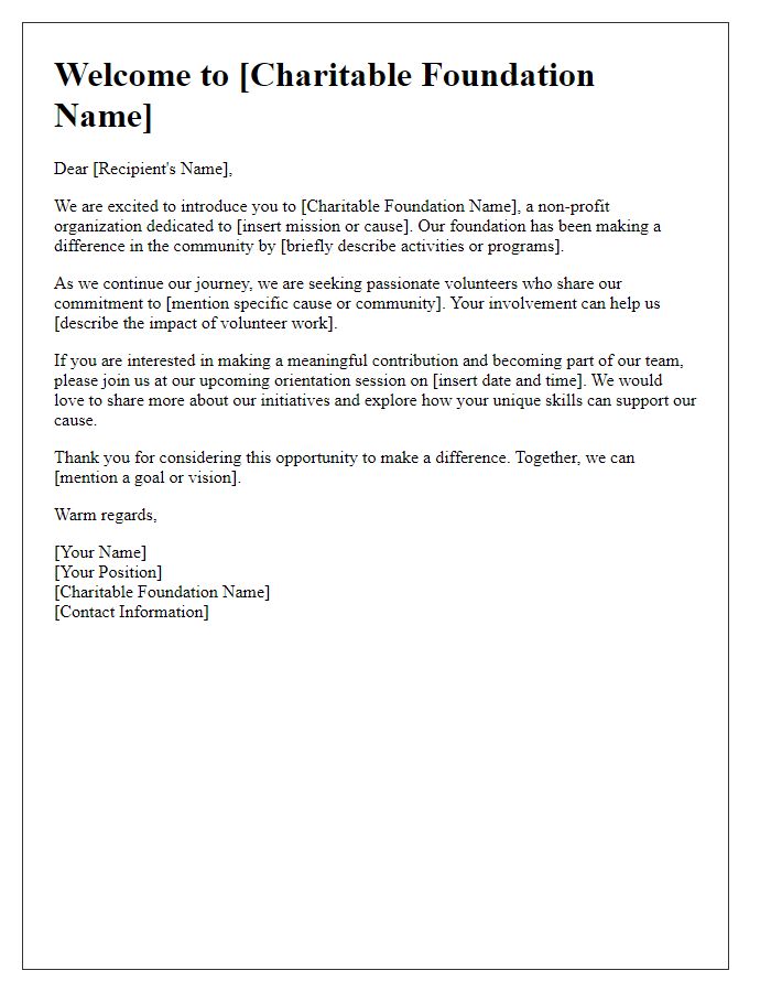 Letter template of charitable foundation introduction for volunteer recruitment.