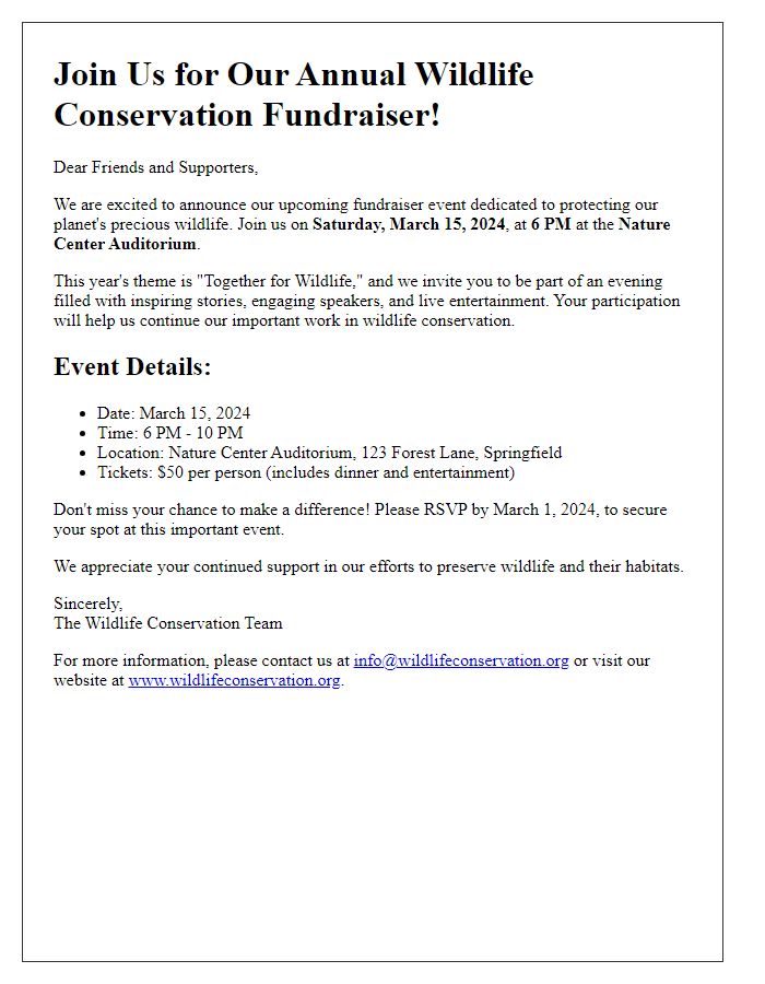 Letter template of a wildlife conservation fundraiser announcement