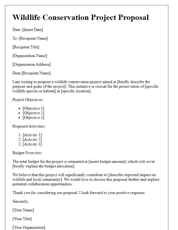 Letter template of a wildlife conservation project proposal