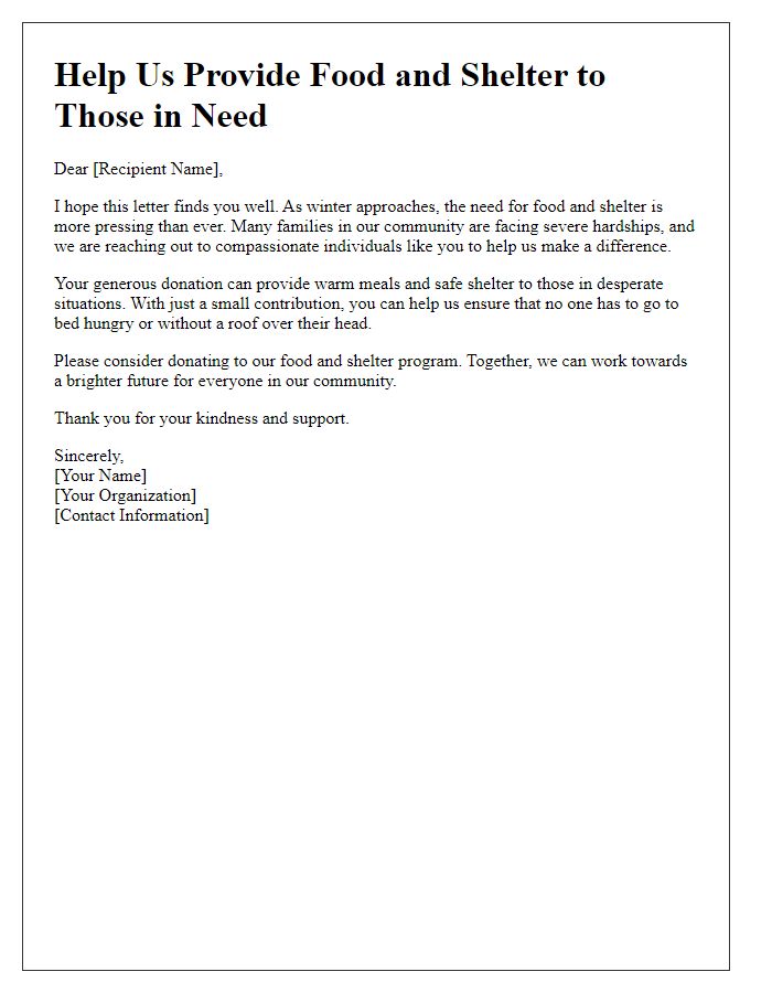 Letter template of food and shelter donation appeal