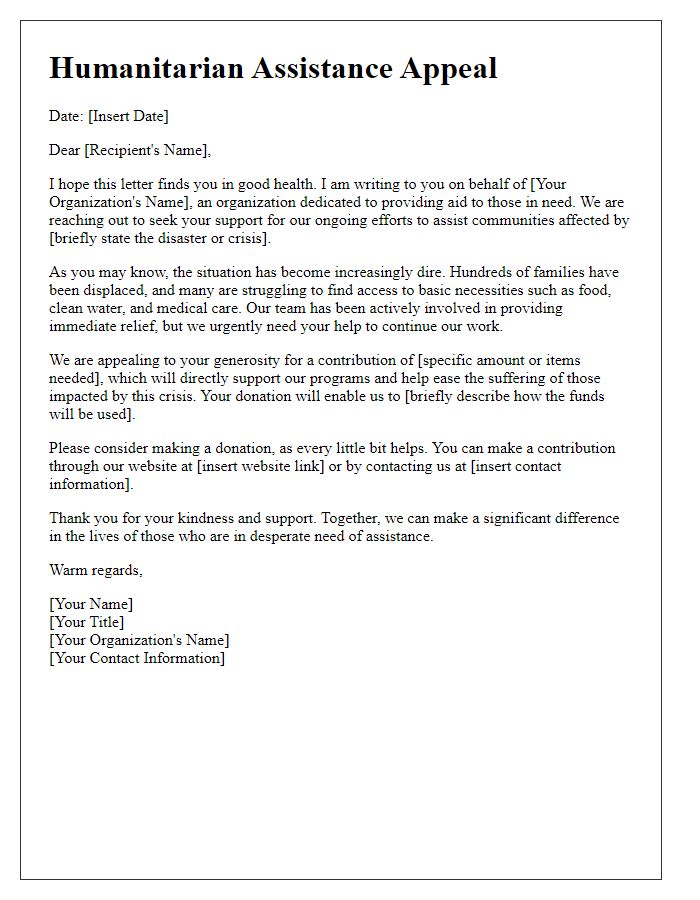 Letter template of humanitarian assistance appeal