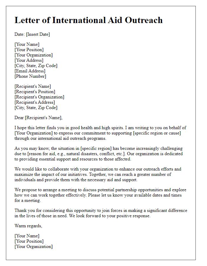 Letter template of international aid outreach