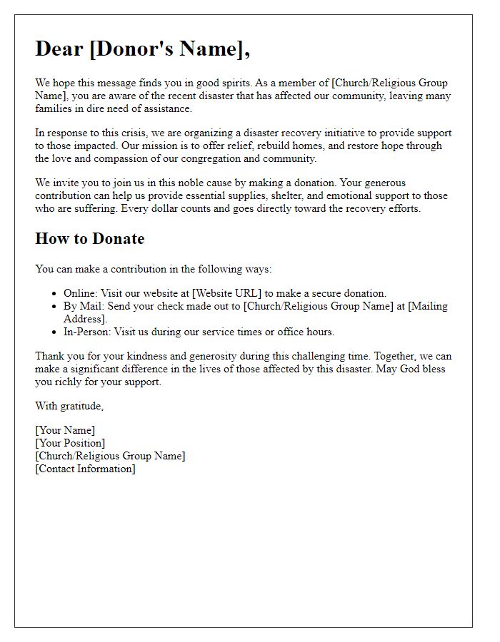 Letter template of disaster recovery donation for churches and religious groups.