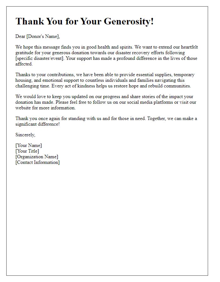 Letter template of disaster recovery donation follow-up.