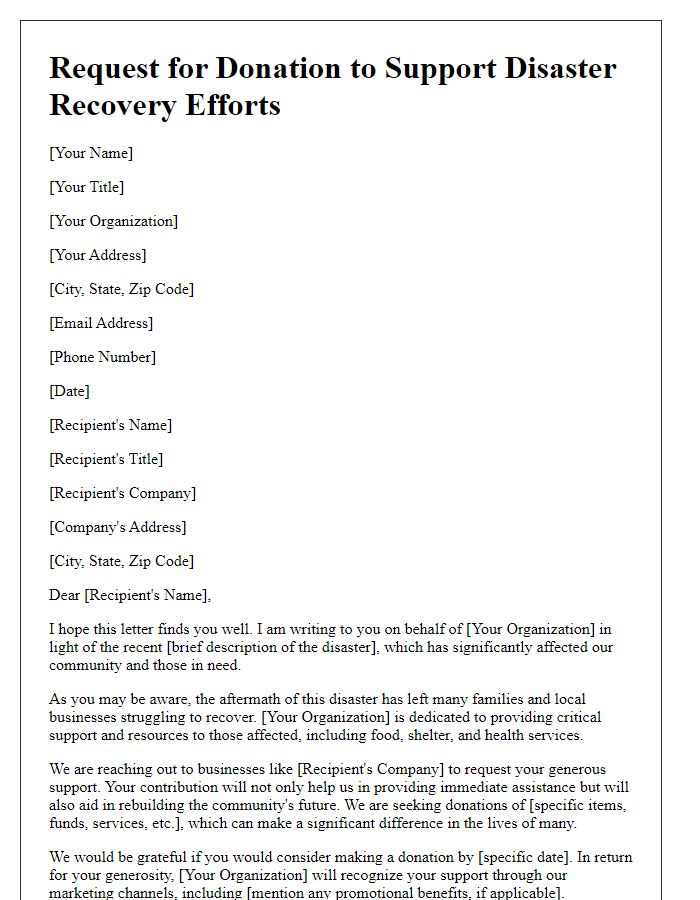 Letter template of disaster recovery donation request for businesses.