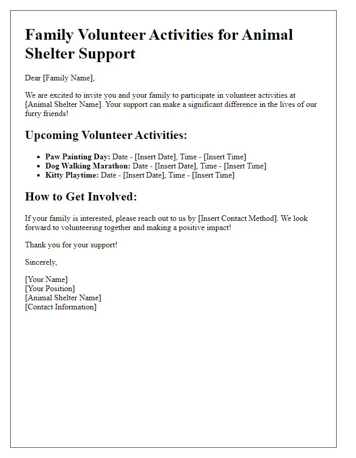 Letter template of family volunteer activities for animal shelter support.