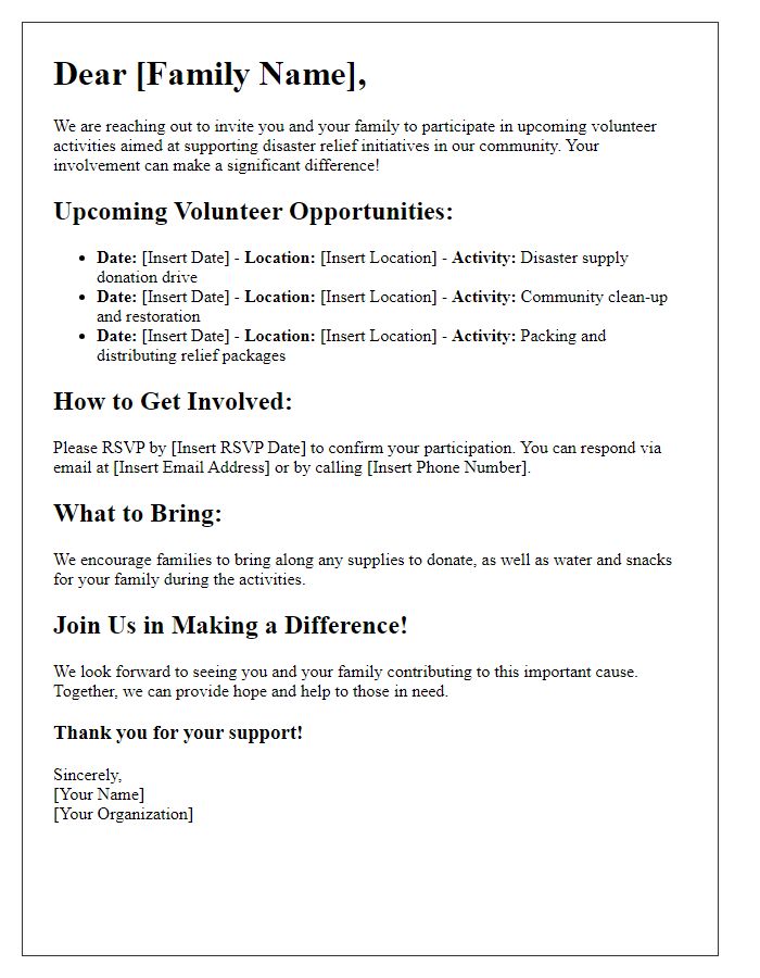 Letter template of family volunteer activities for disaster relief initiatives.