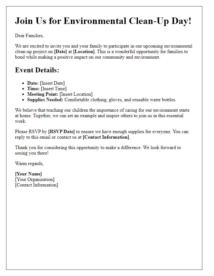 Letter template of family volunteer activities for environmental clean-up projects.