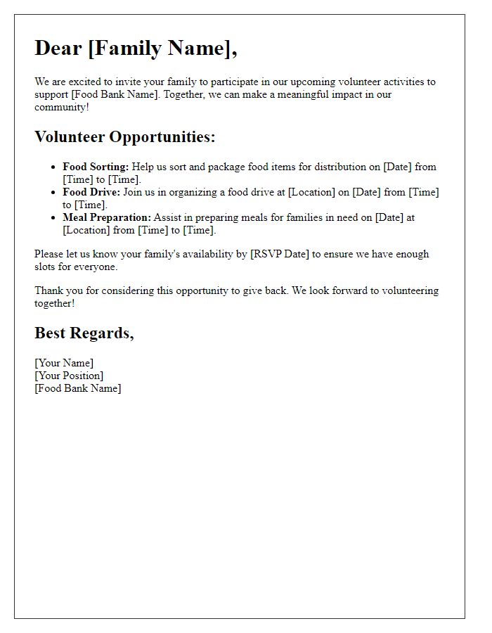 Letter template of family volunteer activities for food bank support.