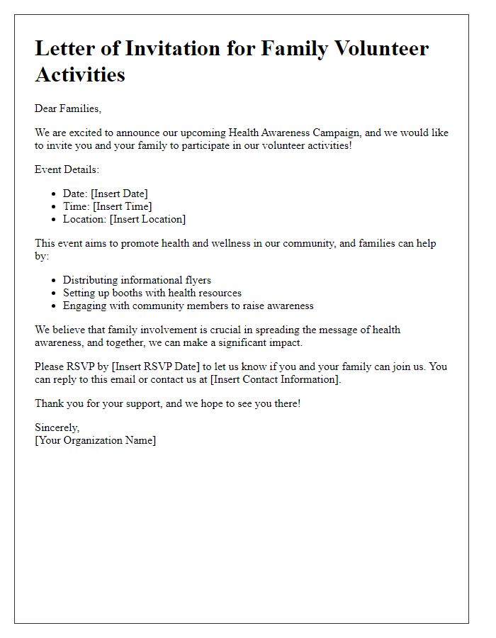 Letter template of family volunteer activities for health awareness campaigns.