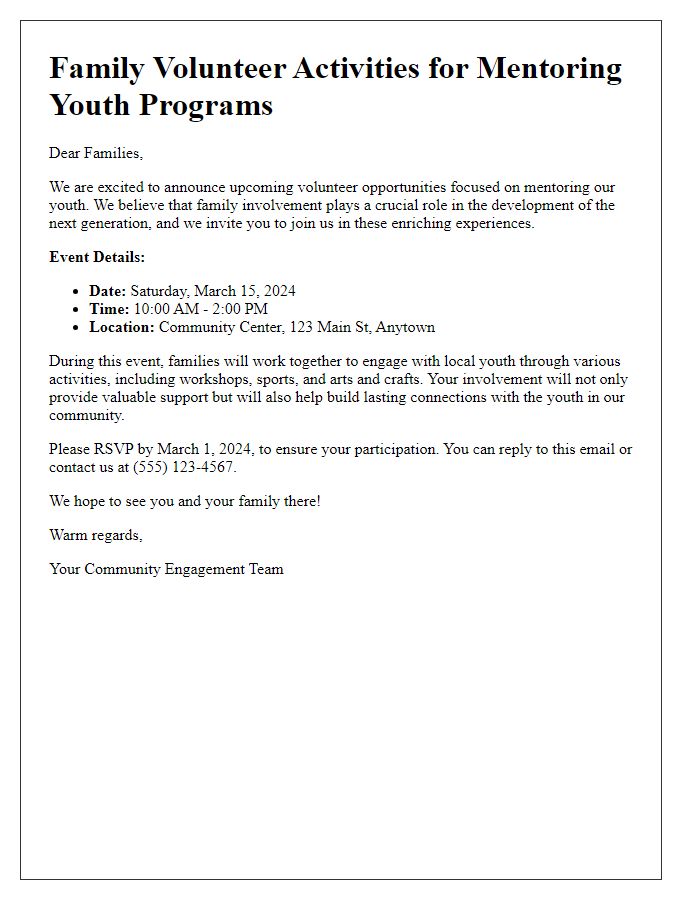 Letter template of family volunteer activities for mentoring youth programs.