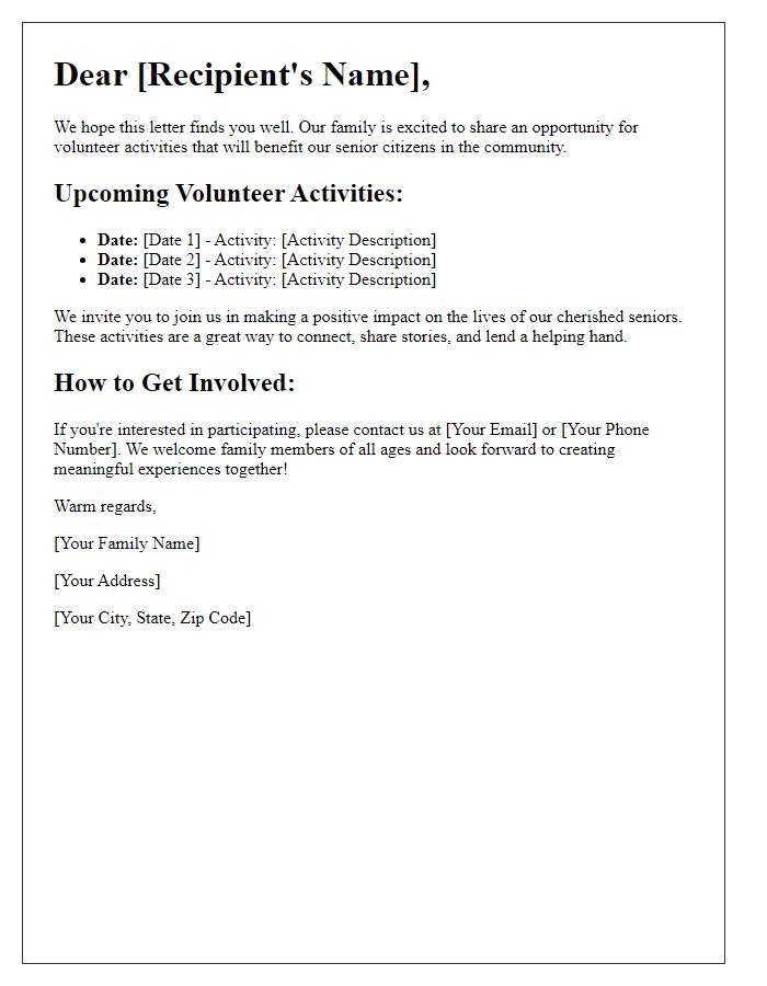 Letter template of family volunteer activities for senior citizen outreach.