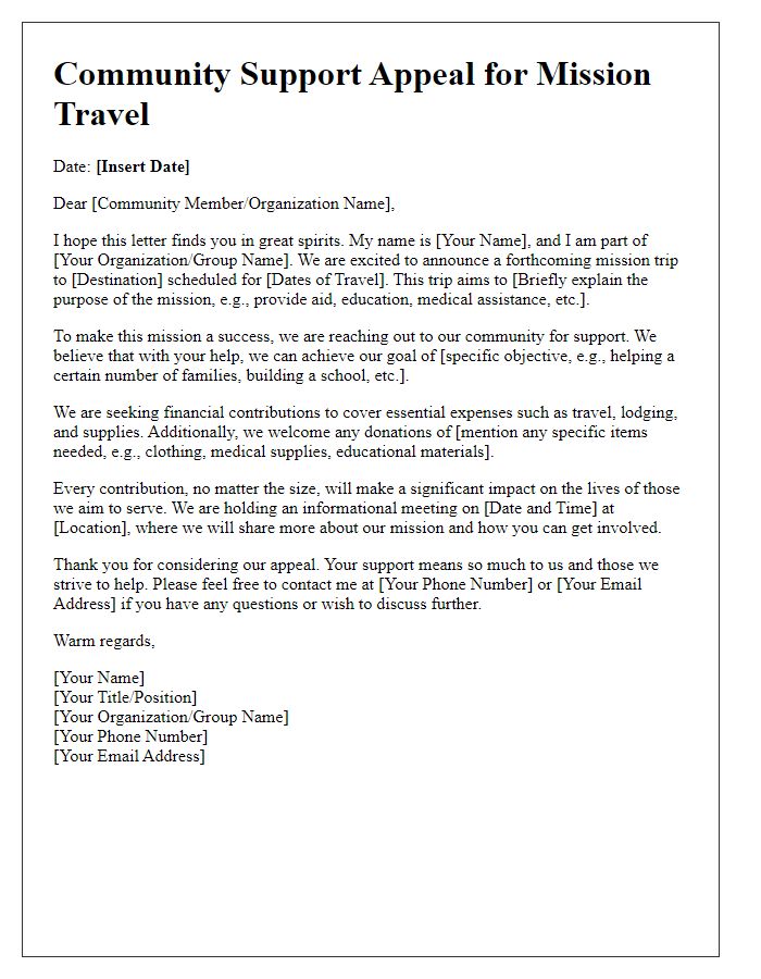 Letter template of community support appeal for mission travel