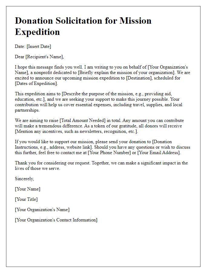 Letter template of donation solicitation for mission expedition